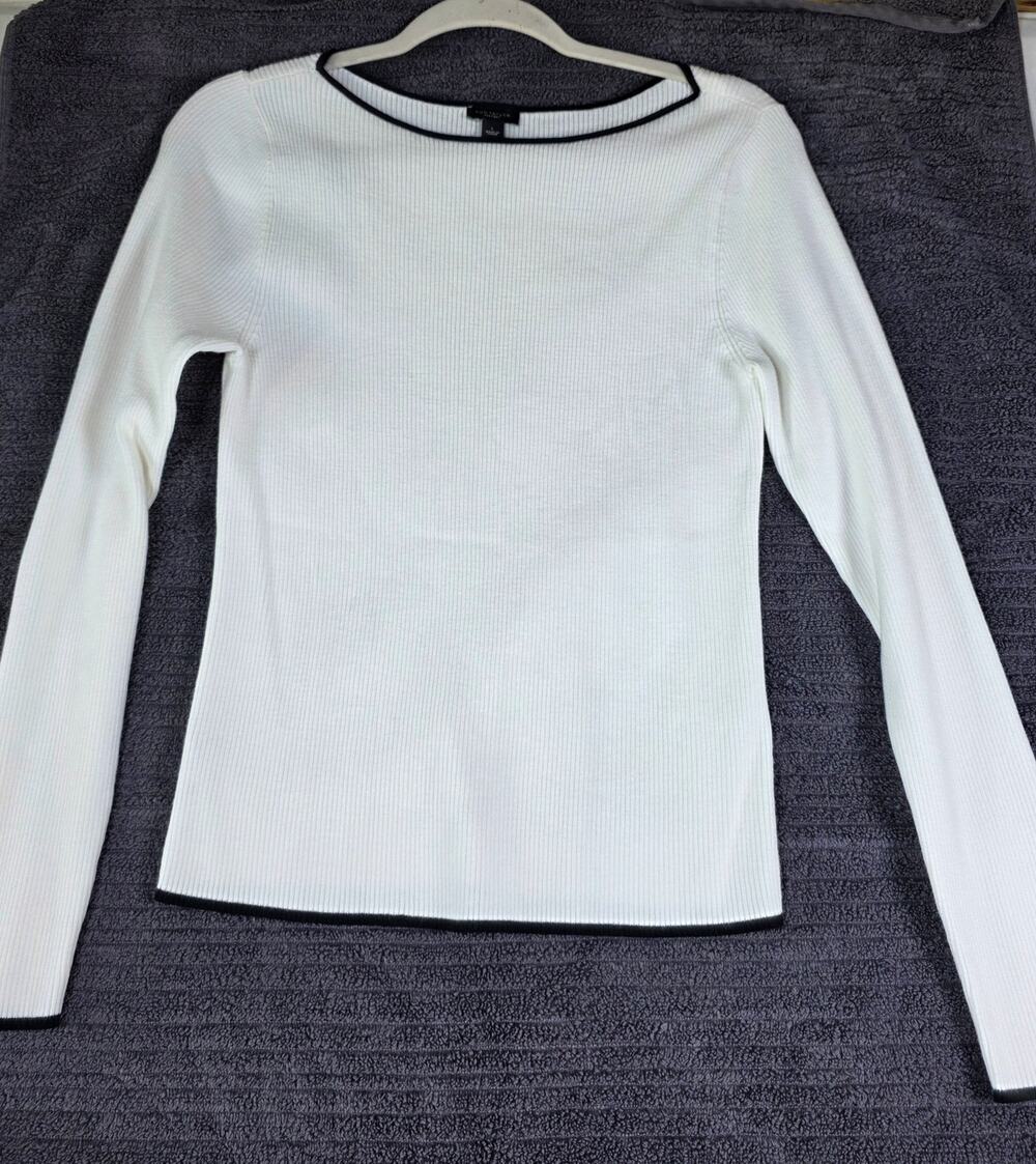 Ann Taylor white, long-sleeve ribbed knit sweater w/ contrasting black trim LG
